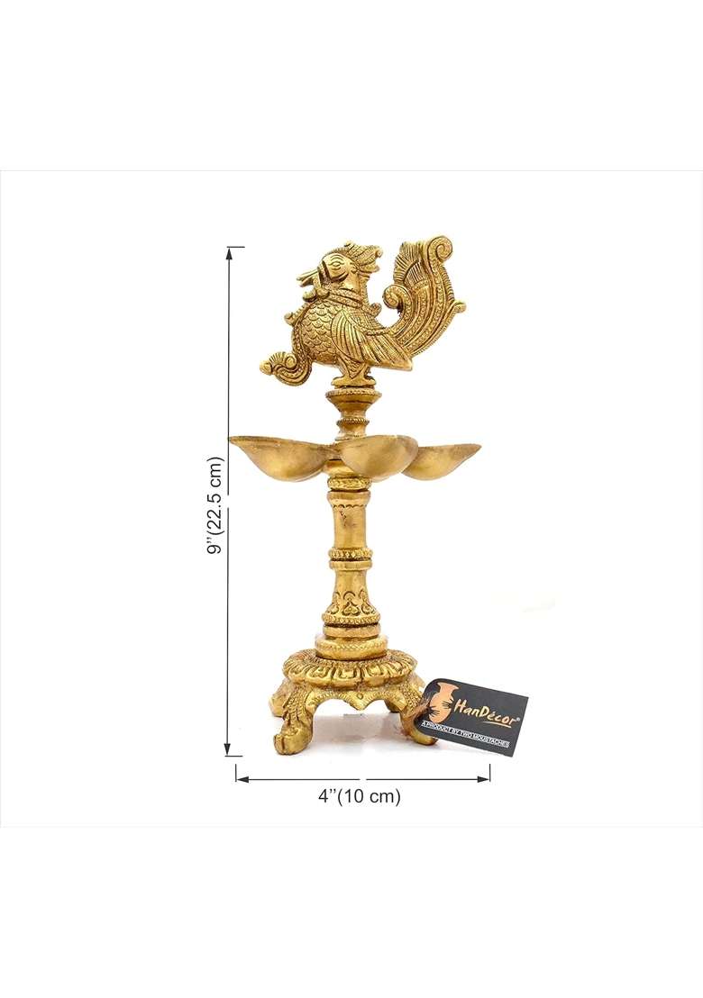 Two Moustaches Premium Peacock Design 5 Oil Wick Brass Diya Weight 1 Point 3 KG Inch X 4 Inch X 9 Inch - Indya