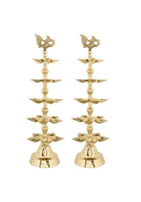 Satvik Gold Brass Panchmukhi Peacock Kerala Samai Puja Diya Kutthu Vilakku Oil Lamp Pooja 5 Step Pack of 2