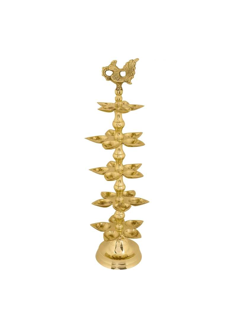 Satvik Gold Brass Panchmukhi Peacock Kerala Samai Puja Diya Kutthu Vilakku Oil Lamp Pooja 5 Step Pack of 2 - Indya