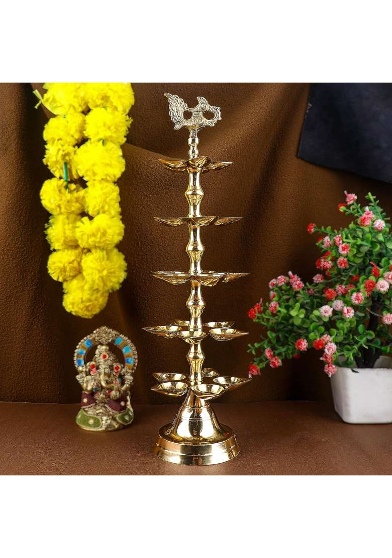 Satvik Gold Brass Panchmukhi Peacock Kerala Samai Puja Diya Kutthu Vilakku Oil Lamp Pooja 5 Step Pack of 2 - Indya