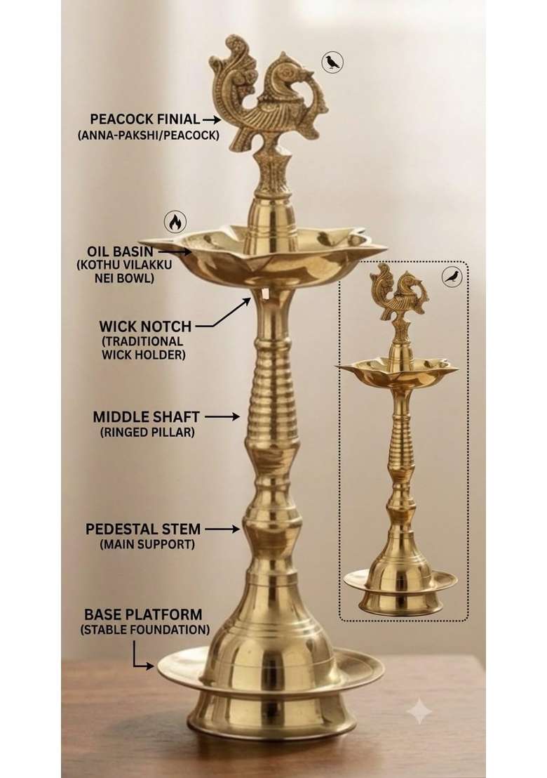 Brass Golden Diya Kerala Samai Peacock Samayi Diya 10 Inch Traditional Oil Lamp Deepak Lamp Kutthu Vilakku - Indya