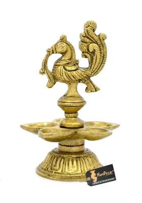 Two Moustaches Peacock Design 5 Oil Wick Brass Table Diya