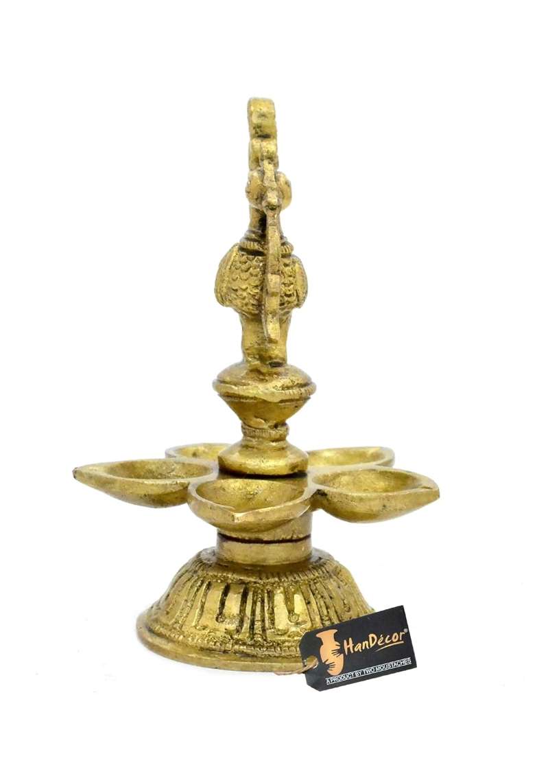 Two Moustaches Peacock Design 5 Oil Wick Brass Table Diya - Indya