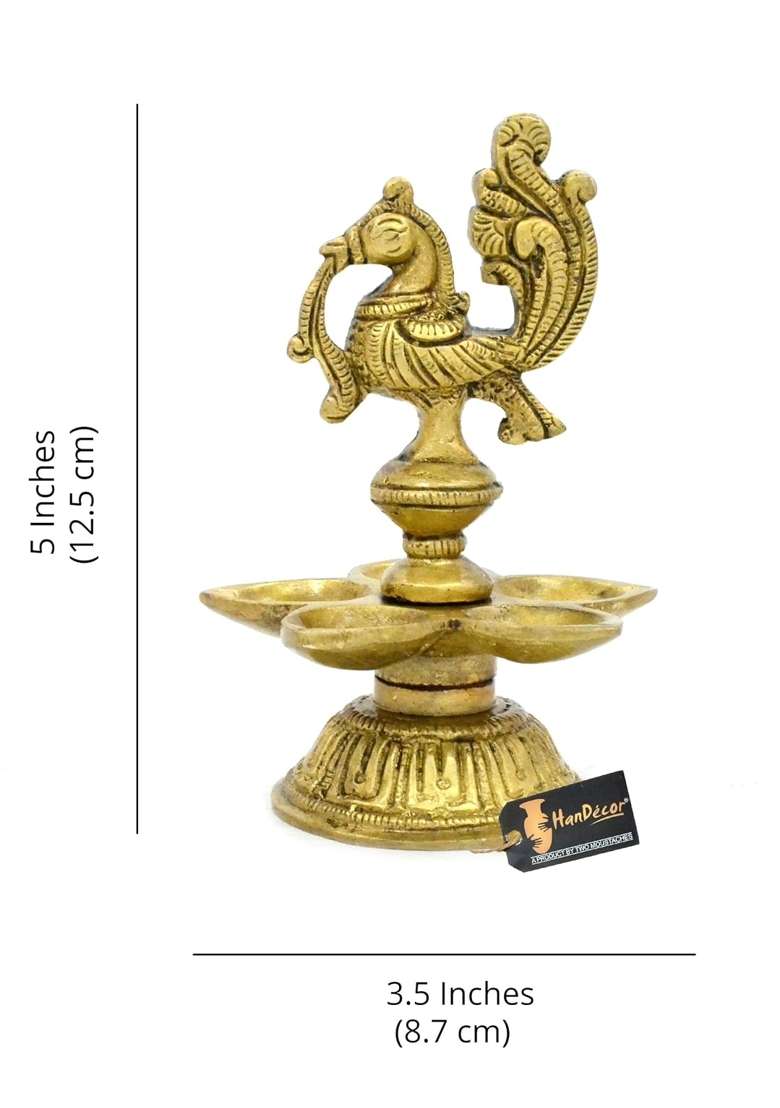 Two Moustaches Peacock Design 5 Oil Wick Brass Table Diya - Indya