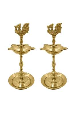 Satvik Gold 2 Pc Set of Brass Kerala Samai Diwali Deepak for Puja Pooja Step Diya Lamp Peacock Kutthu Vilakku