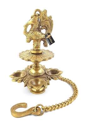 Two Moustaches Golden Handmade Peacock Design 4 Oil Wick Brass Hanging Diya for Home Decor Pack of 1