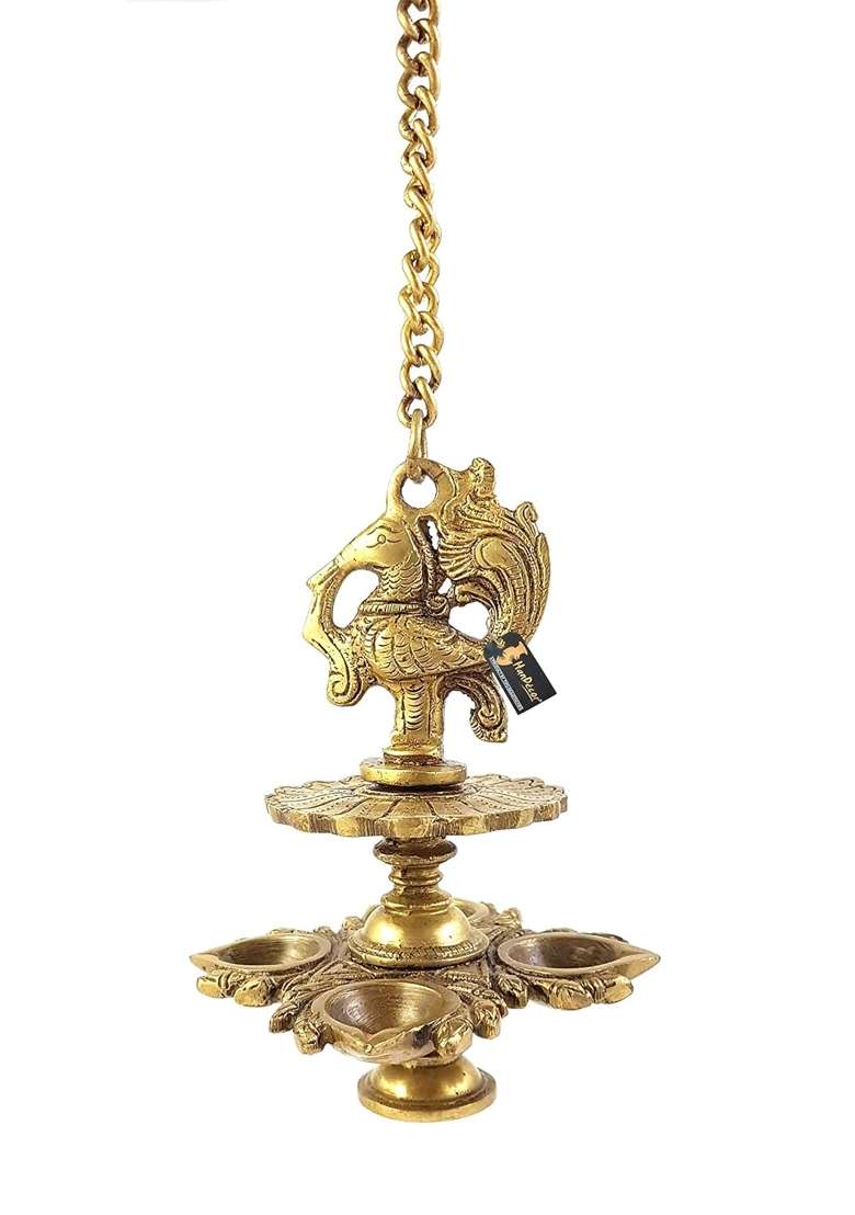 Two Moustaches Golden Handmade Peacock Design 4 Oil Wick Brass Hanging Diya for Home Decor Pack of 1 - Indya