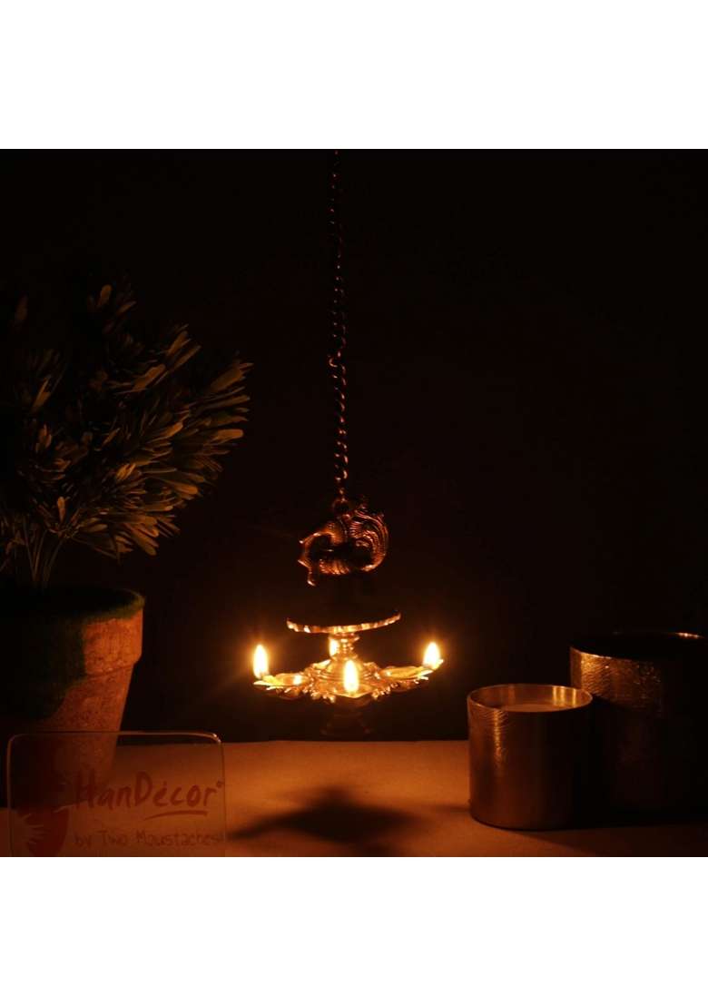 Two Moustaches Golden Handmade Peacock Design 4 Oil Wick Brass Hanging Diya for Home Decor Pack of 1 - Indya