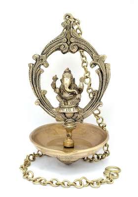 Two Moustaches Brass Handmade Ganesha Design Oil Wick Hanging Diya Diyas for Home Decor Temple Decor Pack of 1