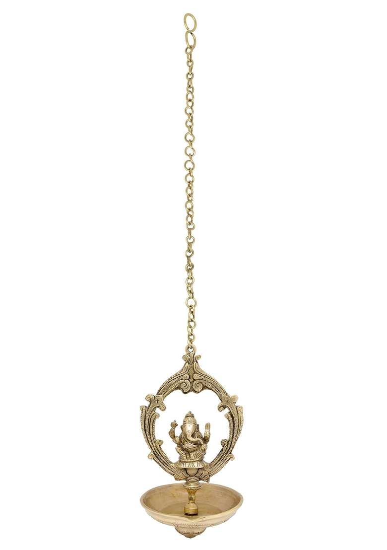 Two Moustaches Brass Handmade Ganesha Design Oil Wick Hanging Diya Diyas for Home Decor Temple Decor Pack of 1 - Indya
