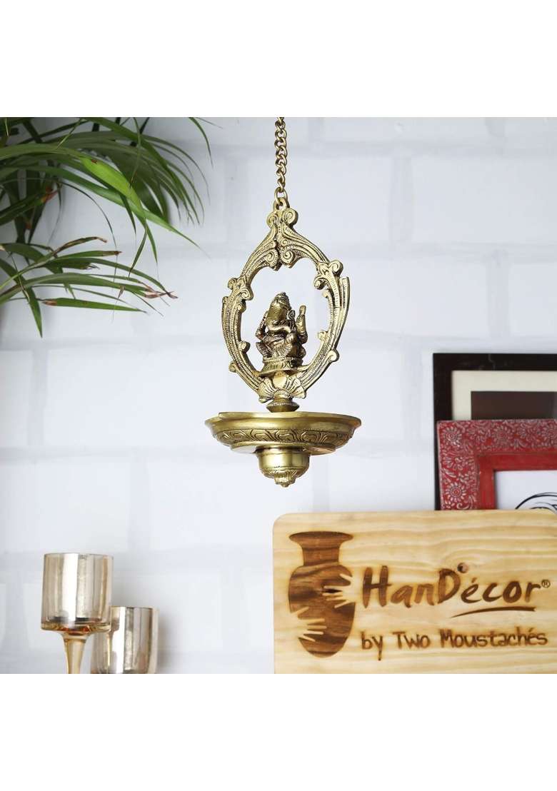Two Moustaches Brass Handmade Ganesha Design Oil Wick Hanging Diya Diyas for Home Decor Temple Decor Pack of 1 - Indya