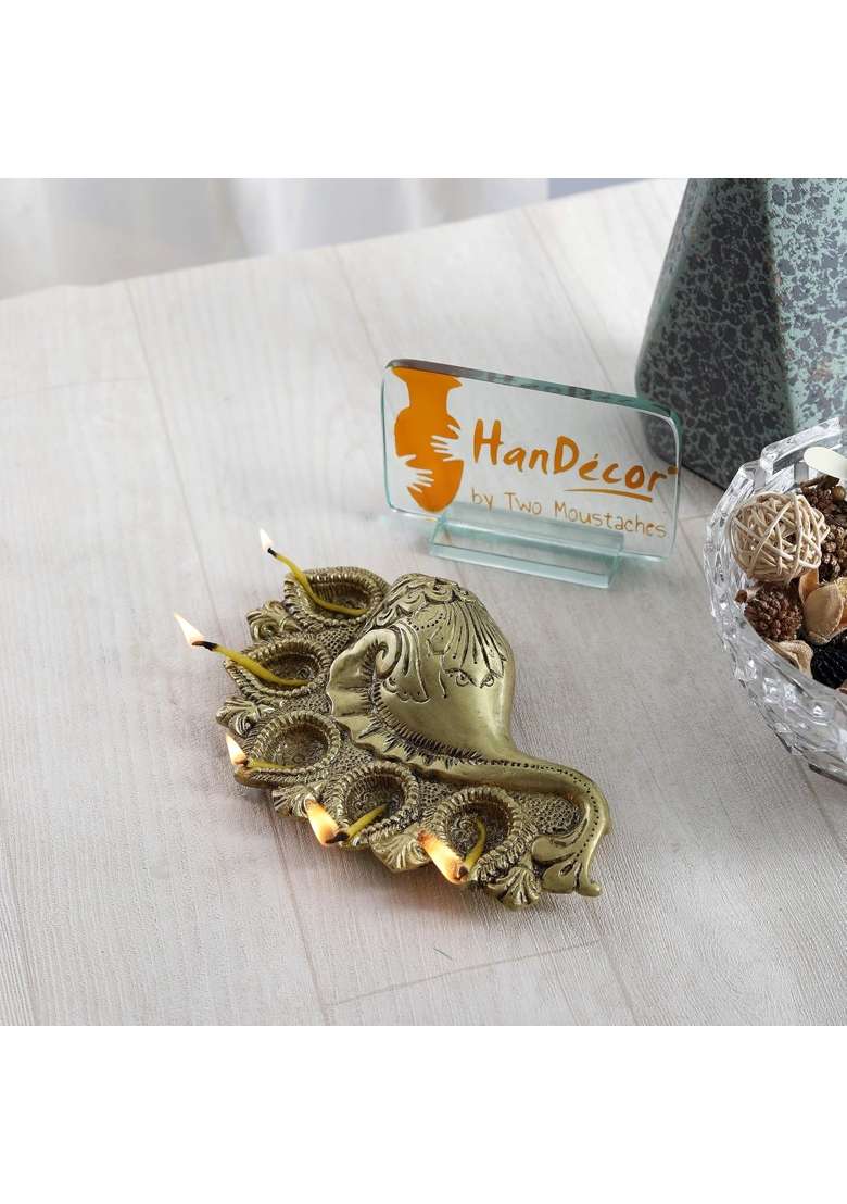 Two Moustaches 100 Percent Pure Brass Ethnic Shankh Design 5 Oil Wick Brass Diya Pack of 1 - Indya