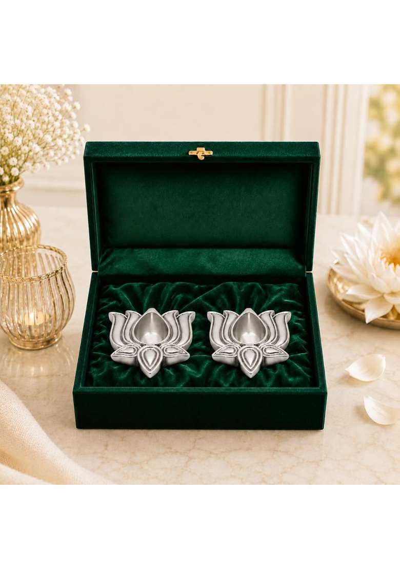 Dev Aastha 999 Pure Silver Plated Lotus Diyas for Pooja Set of 2 - Indya