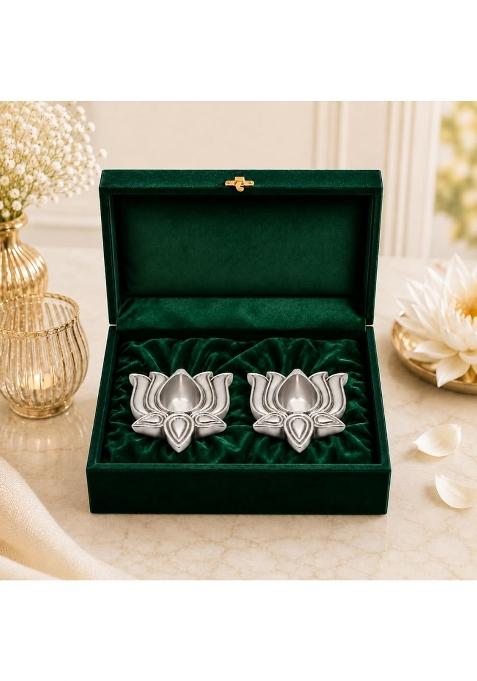 Dev Aastha 999 Pure Silver Plated Lotus Diyas for Pooja Set of 2