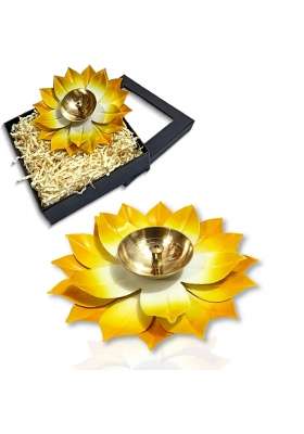 Lamina Lotus Shaped Large Size Brass Diya for Puja 6Inch Yellow Petals Set of 4