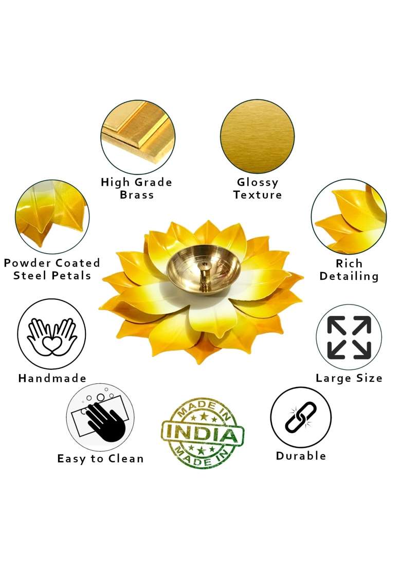 Lamina Lotus Shaped Large Size Brass Diya for Puja 6Inch Yellow Petals Set of 4 - Indya