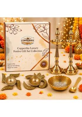 Copperika Gift Hamper 100 Percent Pure Brass Diya Kerala Samai 12 Inch Metal OM and Swastik Diya Set of 2
