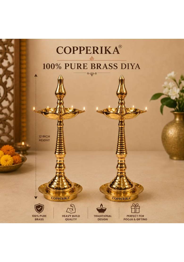 Copperika Gift Hamper 100 Percent Pure Brass Diya Kerala Samai 12 Inch Metal OM and Swastik Diya Set of 2 - Indya