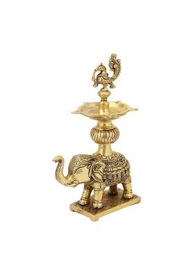 Jaszz Art Brass Elephant Peacock Diya Oil Lamp 11 Point 8IN Tall 2 Point 4 KG