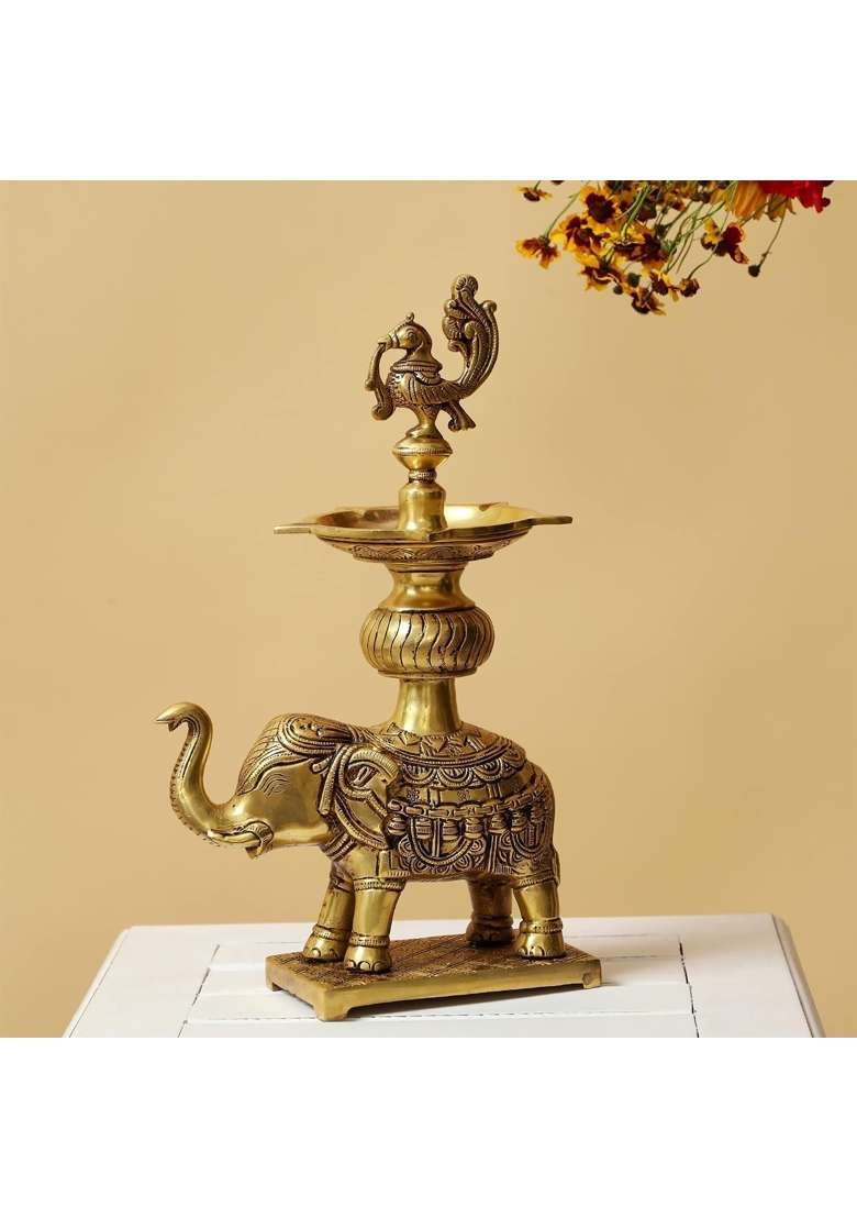 Jaszz Art Brass Elephant Peacock Diya Oil Lamp 11 Point 8IN Tall 2 Point 4 KG - Indya