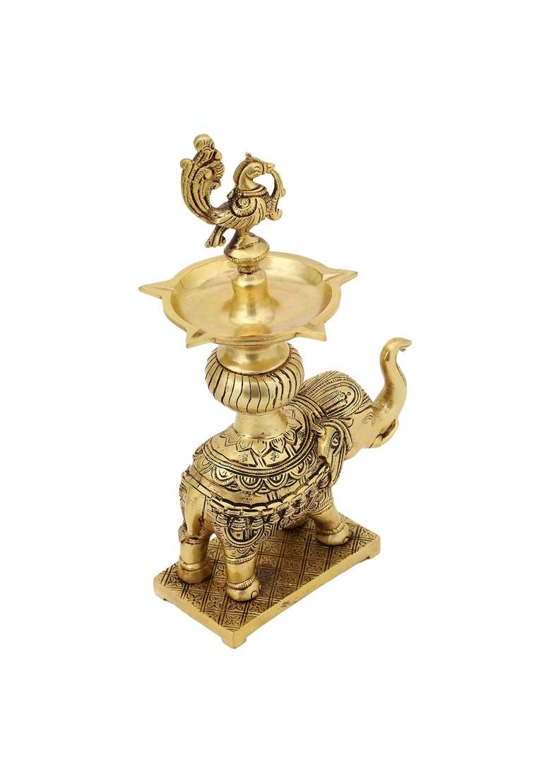 Jaszz Art Brass Elephant Peacock Diya Oil Lamp 11 Point 8IN Tall 2 Point 4 KG - Indya