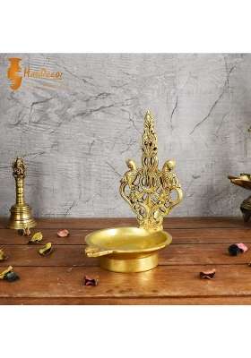 Two Moustaches Twin Annapakshi Design Ethnic Carved 8 Inches Brass Oil Diya Antique Yellow