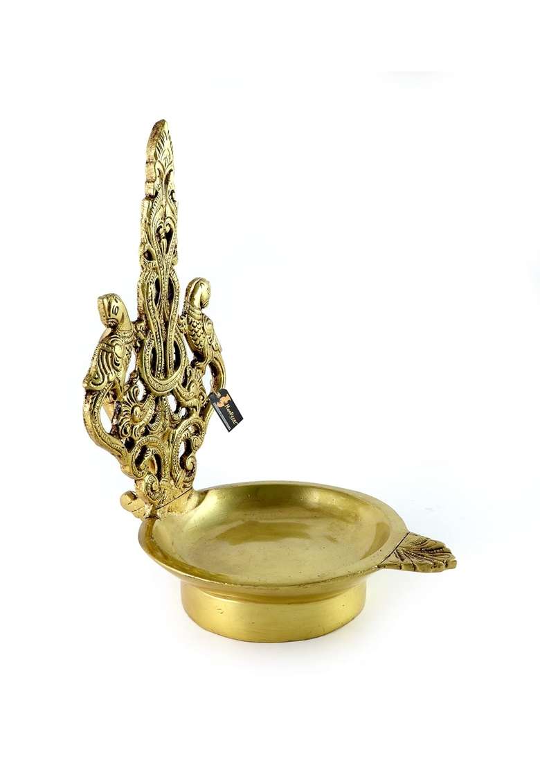 Two Moustaches Twin Annapakshi Design Ethnic Carved 8 Inches Brass Oil Diya Antique Yellow - Indya
