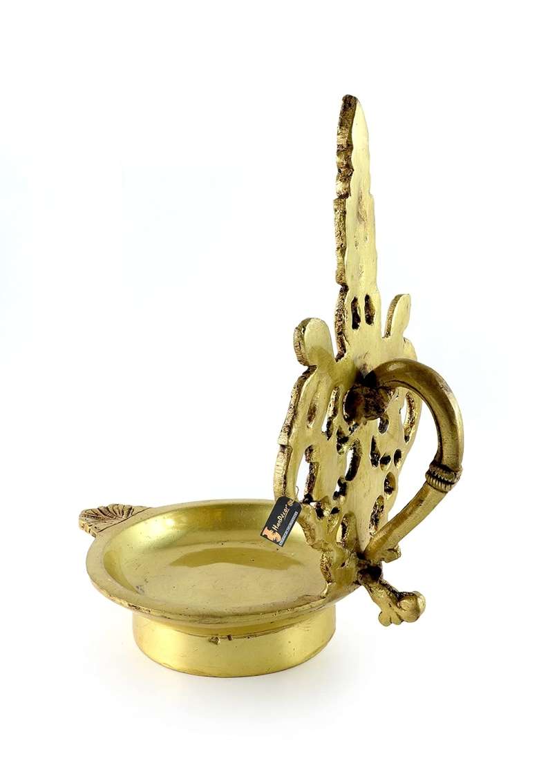 Two Moustaches Twin Annapakshi Design Ethnic Carved 8 Inches Brass Oil Diya Antique Yellow - Indya