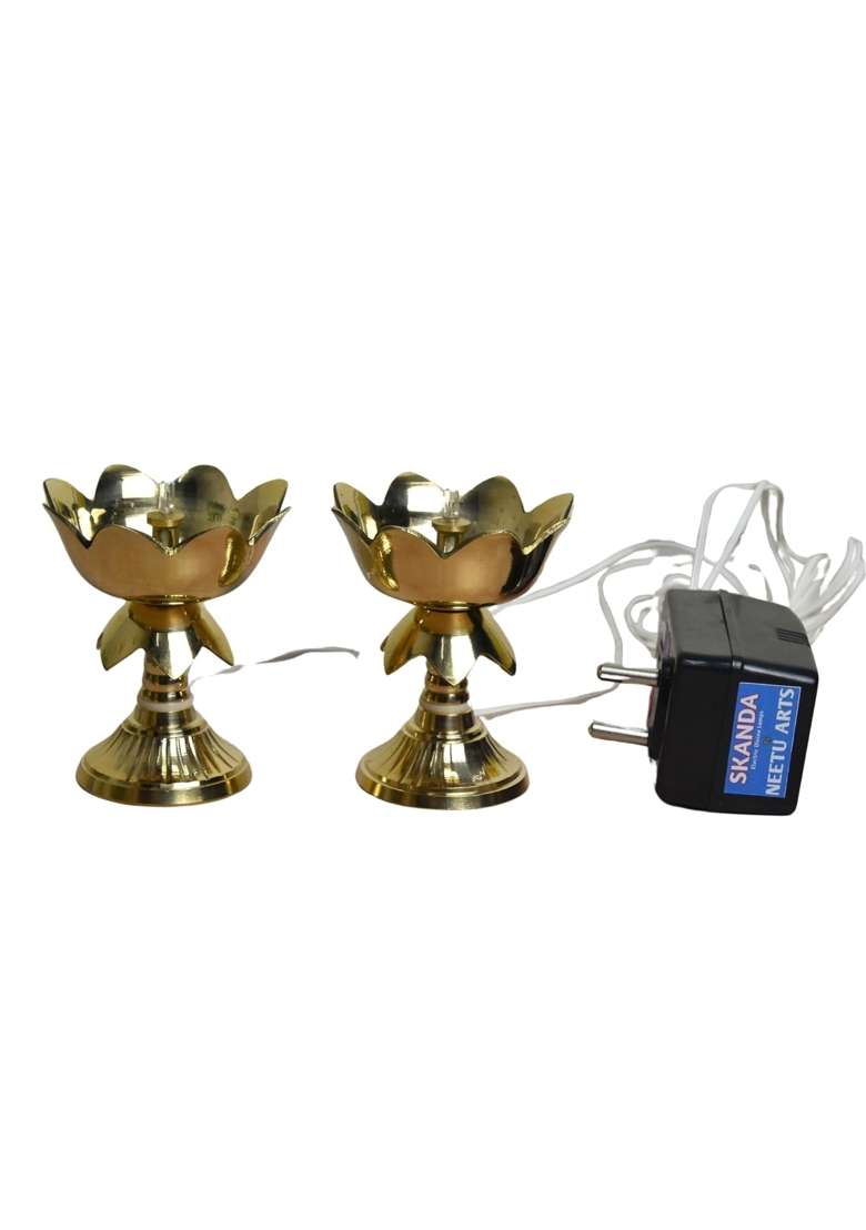 Neetu Arts Gold Pure Brass LED Bulb Light Kamal Design Electric Diya Pooja Deepak for Home Temple Decor - Indya