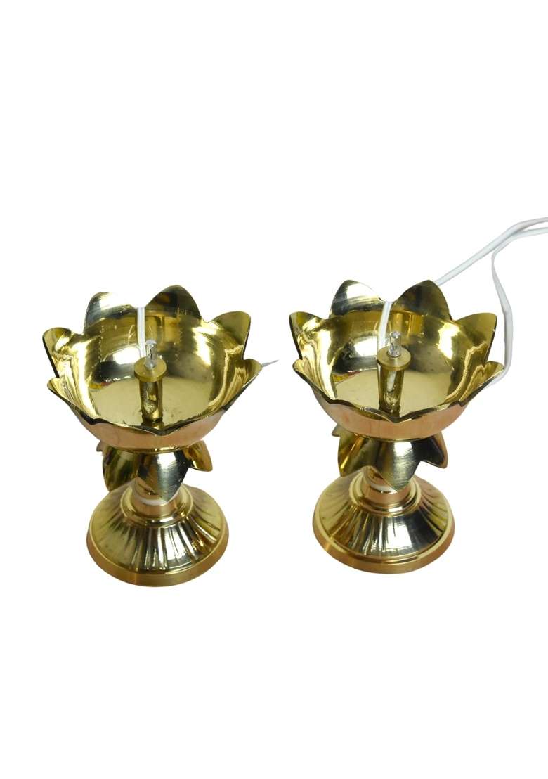 Neetu Arts Gold Pure Brass LED Bulb Light Kamal Design Electric Diya Pooja Deepak for Home Temple Decor - Indya