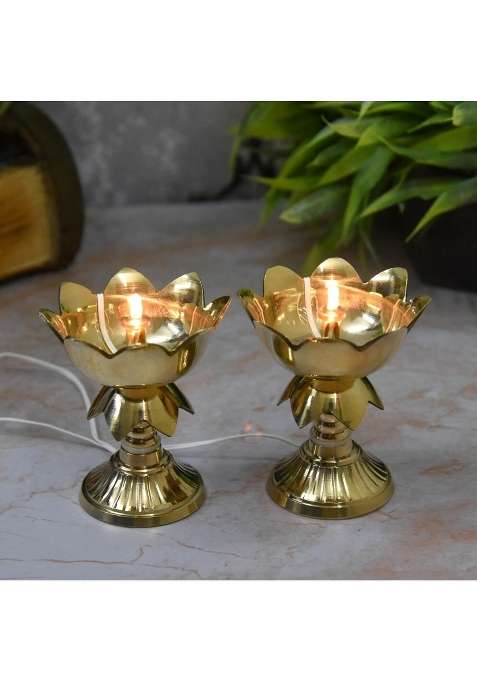 Neetu Arts Gold Pure Brass LED Bulb Light Kamal Design Electric Diya Pooja Deepak for Home Temple Decor