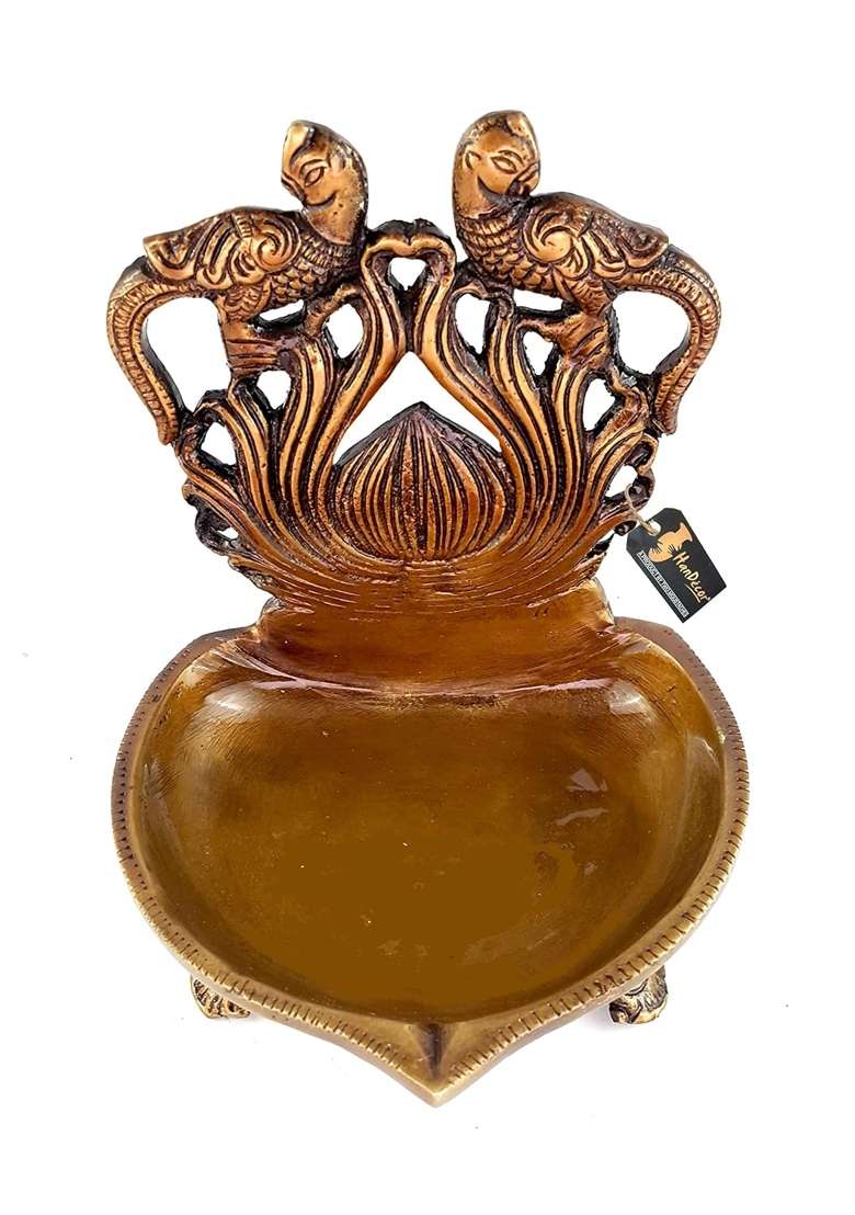 Two Moustaches Brass Twin Peacock Over Carving Table Diya - Indya