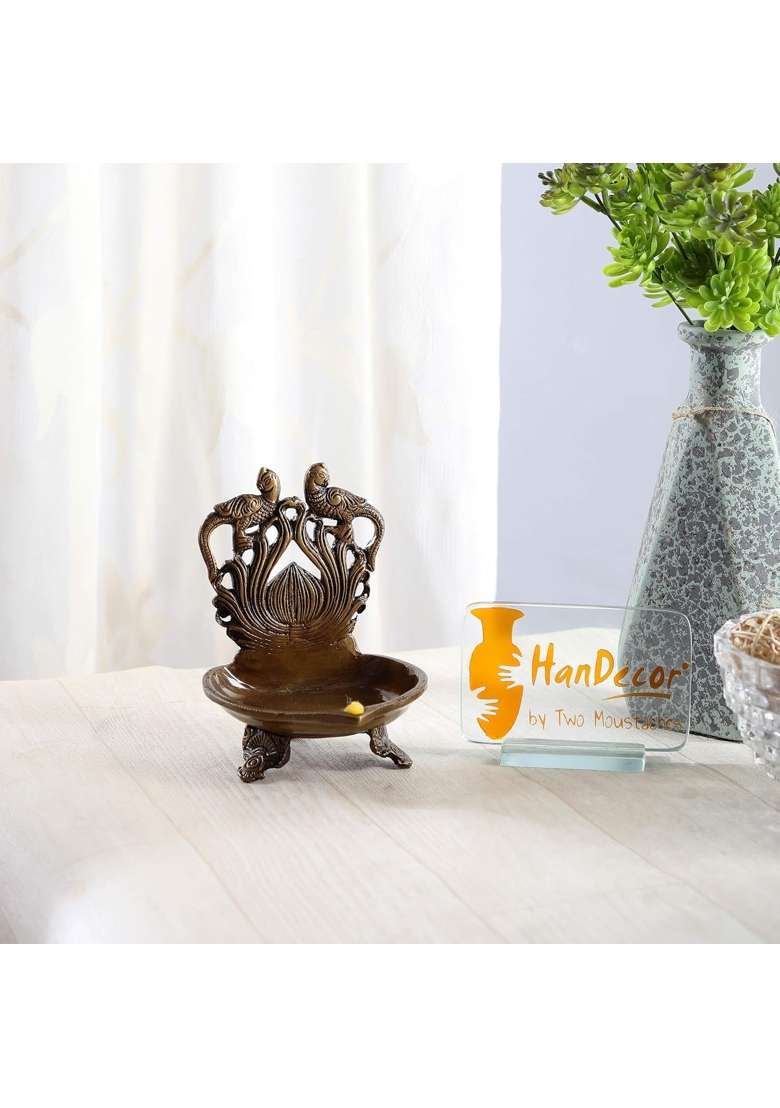 Two Moustaches Brass Twin Peacock Over Carving Table Diya - Indya