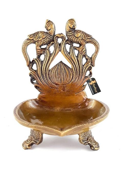 Two Moustaches Brass Twin Peacock Over Carving Table Diya