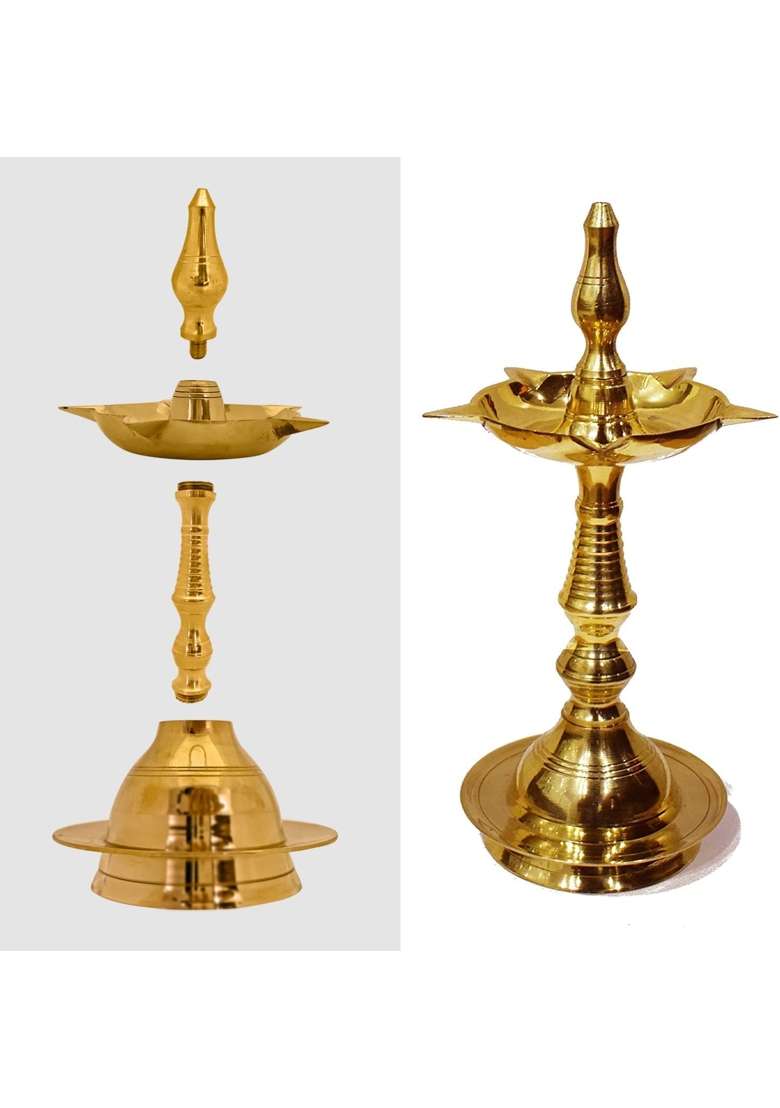 Satvik Golden 11 Inch Handmade Brass Kerala Samai Diwali Deepak Pack of 1 - Indya