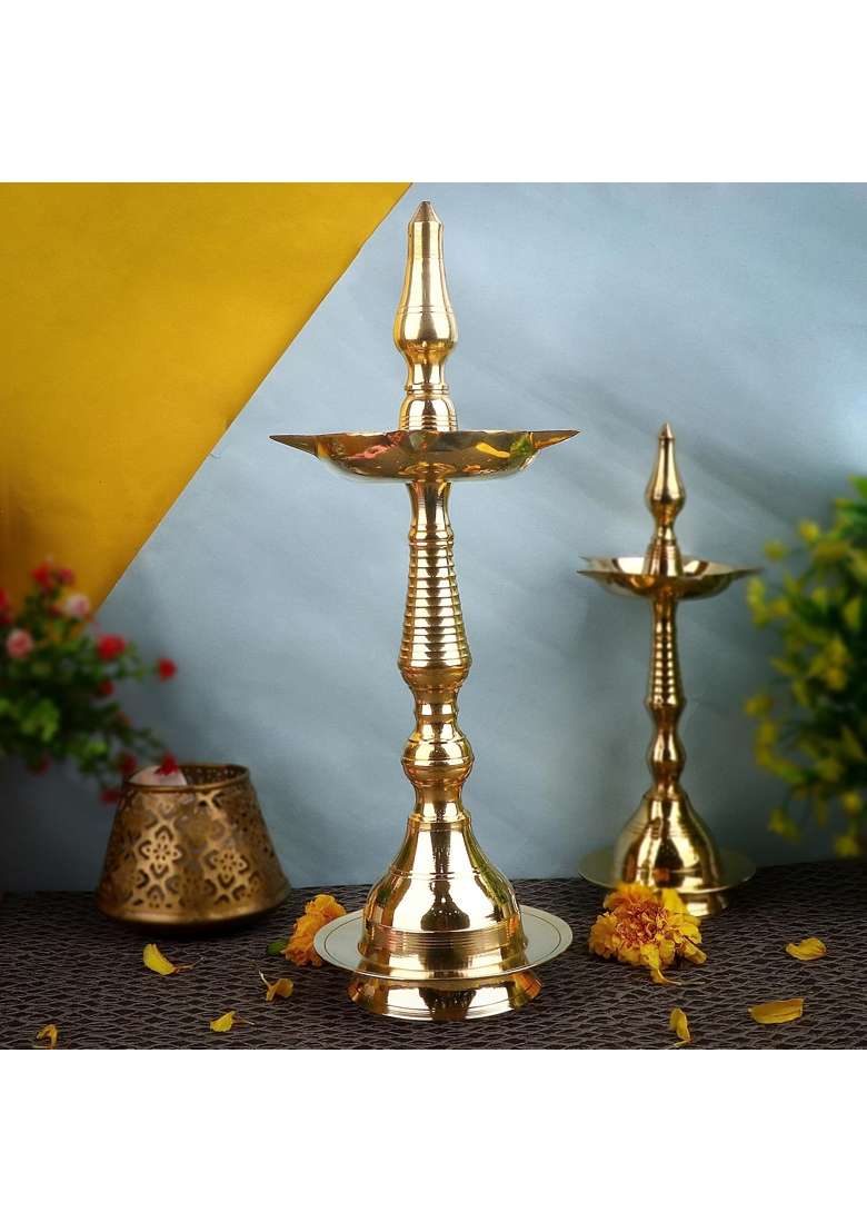 Satvik Golden 11 Inch Handmade Brass Kerala Samai Diwali Deepak Pack of 1 - Indya