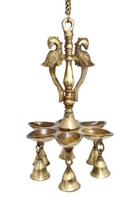 Two Moustaches Gold 9 and Half Inches Twin Peacock Design Brass Hanging Diya Pack of 1