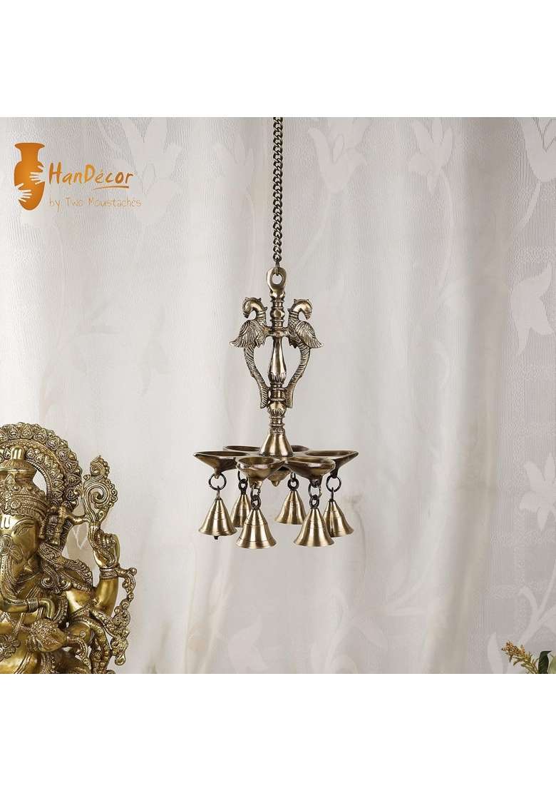 Two Moustaches Gold 9 and Half Inches Twin Peacock Design Brass Hanging Diya Pack of 1 - Indya