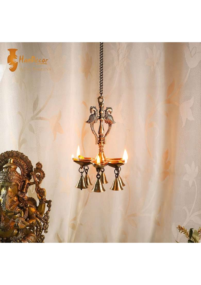 Two Moustaches Gold 9 and Half Inches Twin Peacock Design Brass Hanging Diya Pack of 1 - Indya