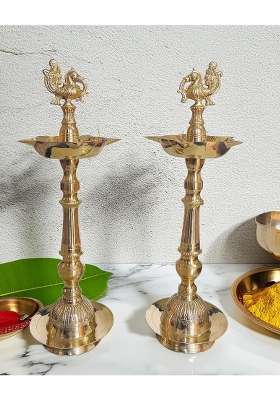 Sanskriti Decor Golden Premium Brass Diya Kerala Samai 18 Inch Traditional Oil Lamp Deepak Lamp Set of 2