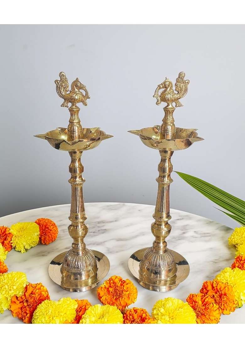 Sanskriti Decor Golden Premium Brass Diya Kerala Samai 18 Inch Traditional Oil Lamp Deepak Lamp Set of 2 - Indya