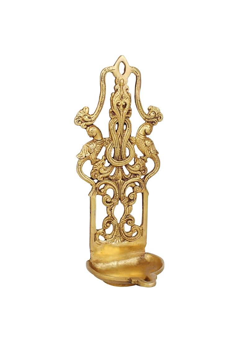 Kartique Gold Brass Peacock Wall Hanging Diya Oil Lamp for Pooja 11 Inch Tall - Indya
