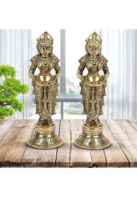 Artvarko Gold Brass Metal Deep Luxmi Pair Meenakshi Devi Pair Holding Oil Diya for Pooja Mandir Temple Home