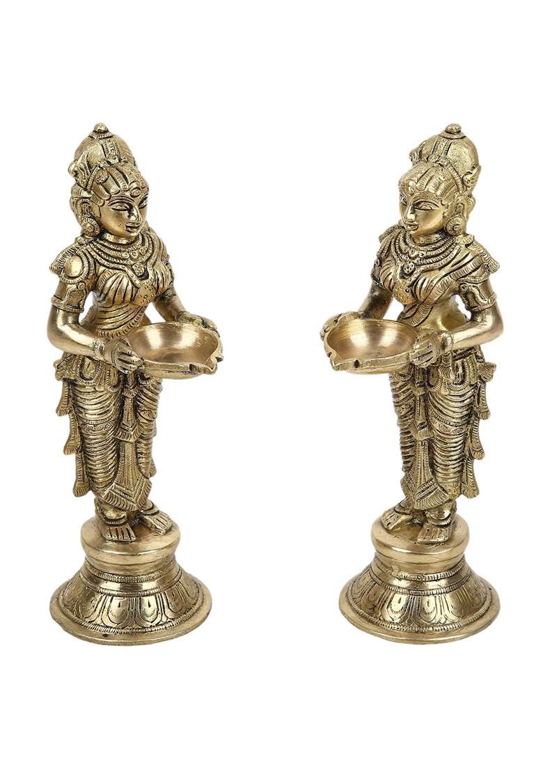 Artvarko Gold Brass Metal Deep Luxmi Pair Meenakshi Devi Pair Holding Oil Diya for Pooja Mandir Temple Home - Indya