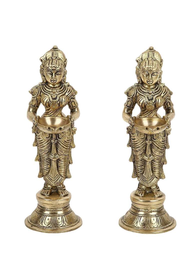 Artvarko Gold Brass Metal Deep Luxmi Pair Meenakshi Devi Pair Holding Oil Diya for Pooja Mandir Temple Home - Indya
