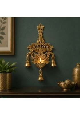 Artvarko Gold Brass Diya with Three Hanging Bells on Chain Designer Lotus Kamal Wall Diya Home Office Decor