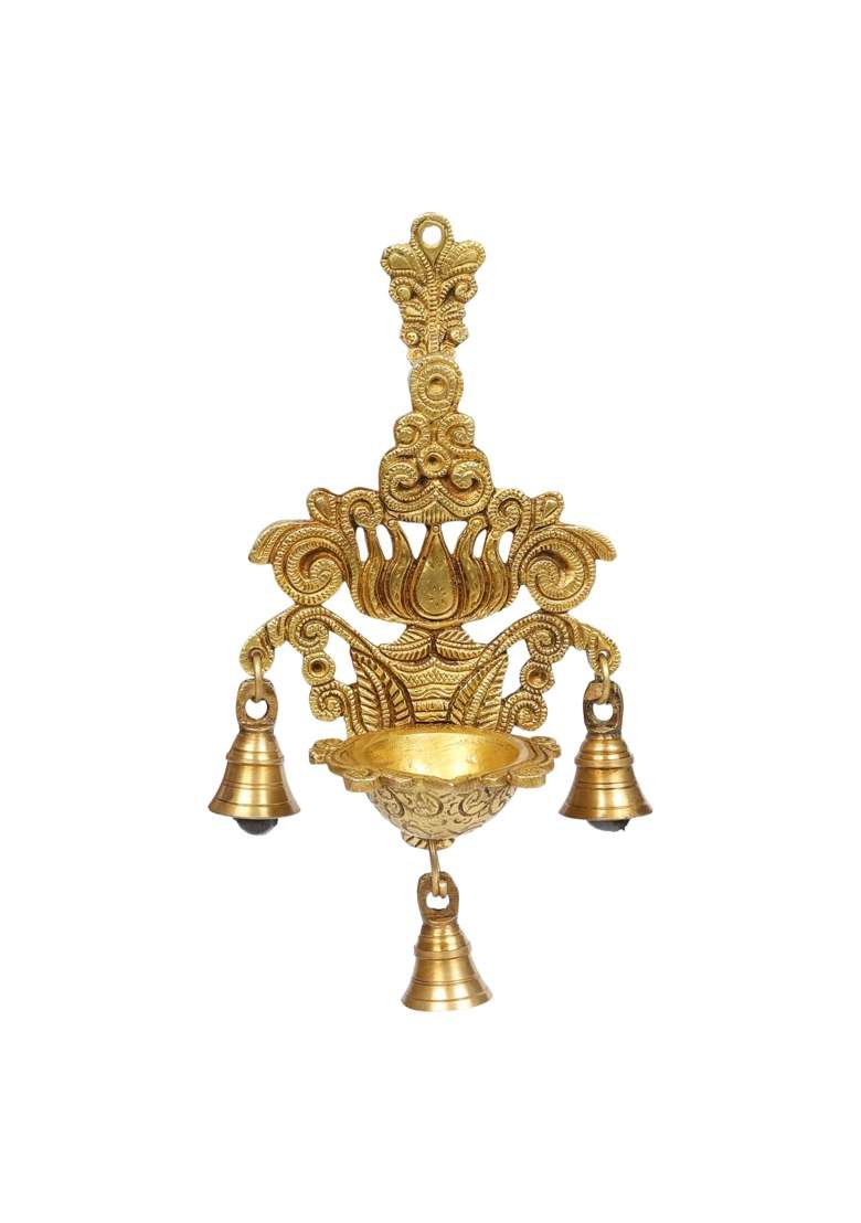 Artvarko Gold Brass Diya with Three Hanging Bells on Chain Designer Lotus Kamal Wall Diya Home Office Decor - Indya