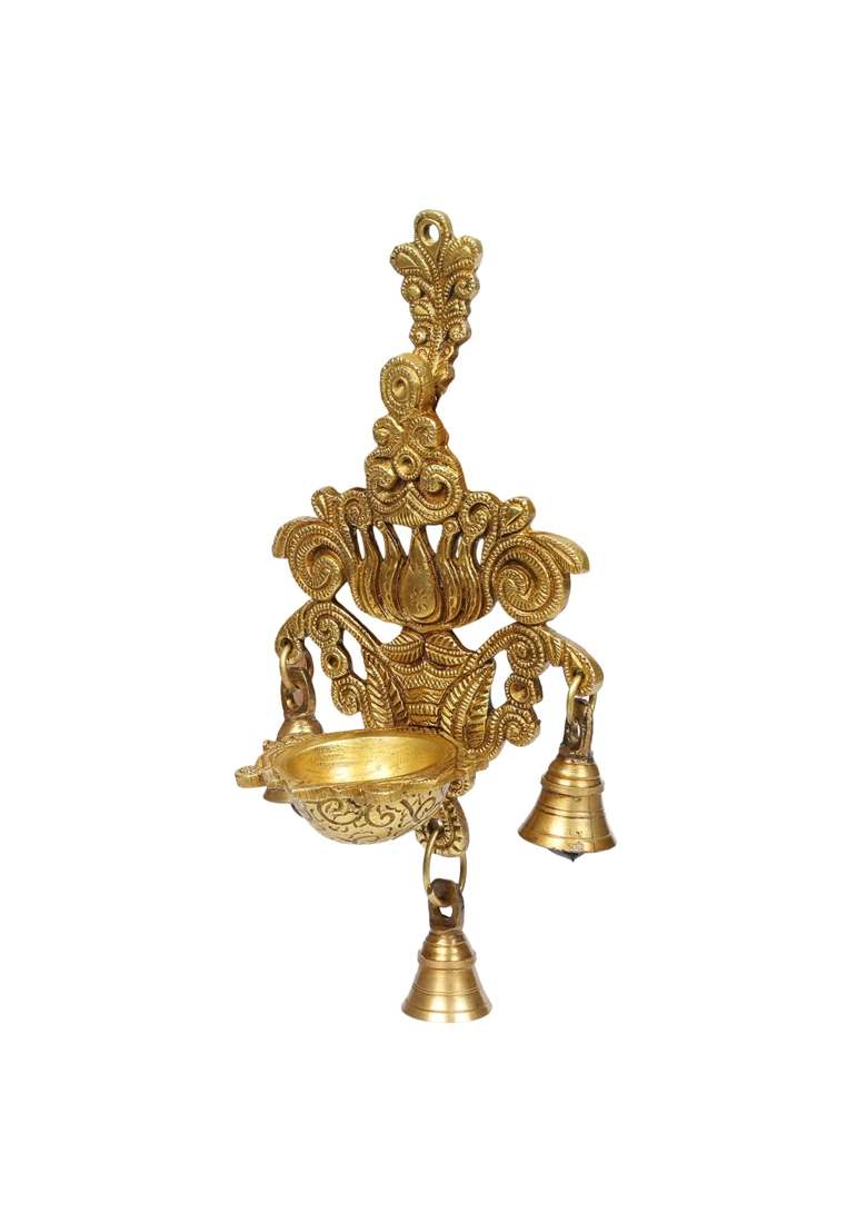 Artvarko Gold Brass Diya with Three Hanging Bells on Chain Designer Lotus Kamal Wall Diya Home Office Decor - Indya