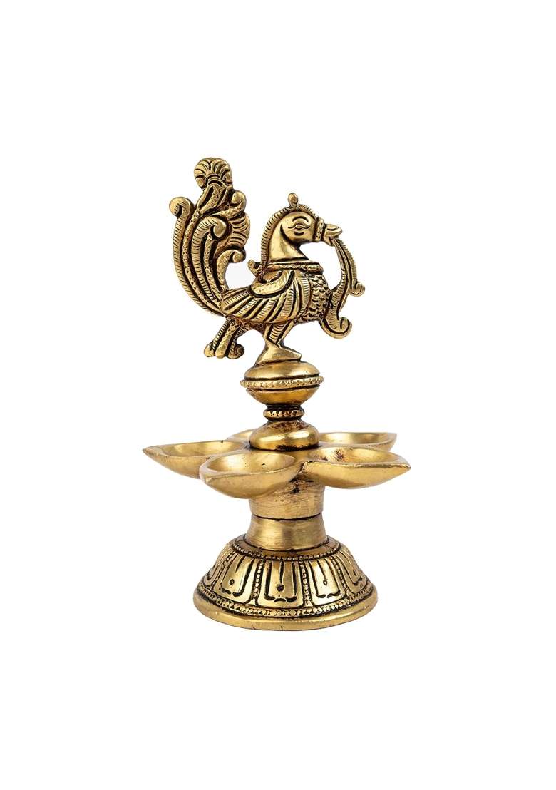 Jaszz Art Brass Peacock Diya 5 Point 5IN Tall 600 G Home Decor - Indya