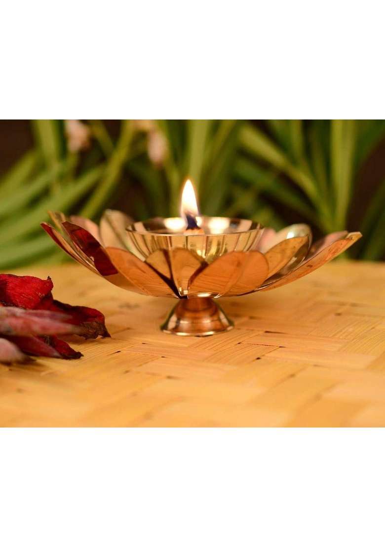 Collectible India Brass Diya for Puja Diyas Lamp Lotus Shape Deepak for Pooja Gift Set of 12 - Indya